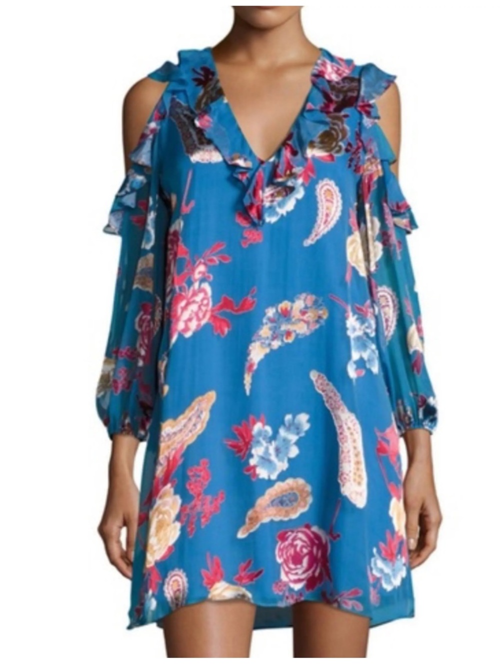Alice + Olivia Giovanna Chiffon Silk Teal Floral Cold-Shoulder Mini Dress